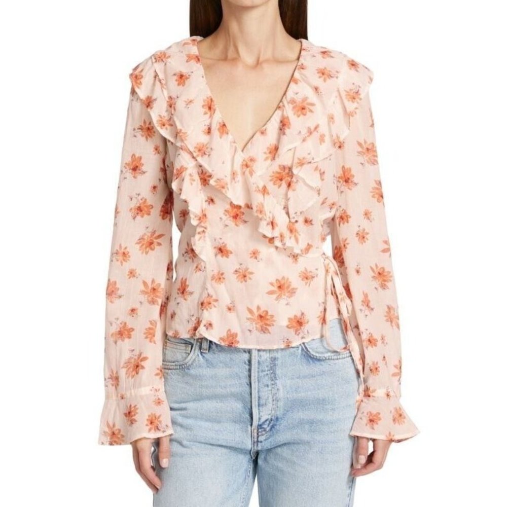 FREE PEOPLE Amanda Floral Print Wrap Top Pink Orange Size M MSRP $98